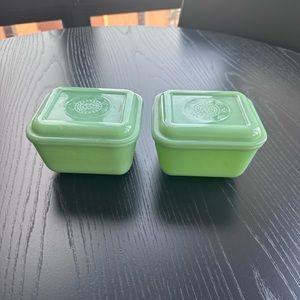 Vtg Anchor Hocking Fire King Jadeite Philbe Refrigerator Dishes With Lids